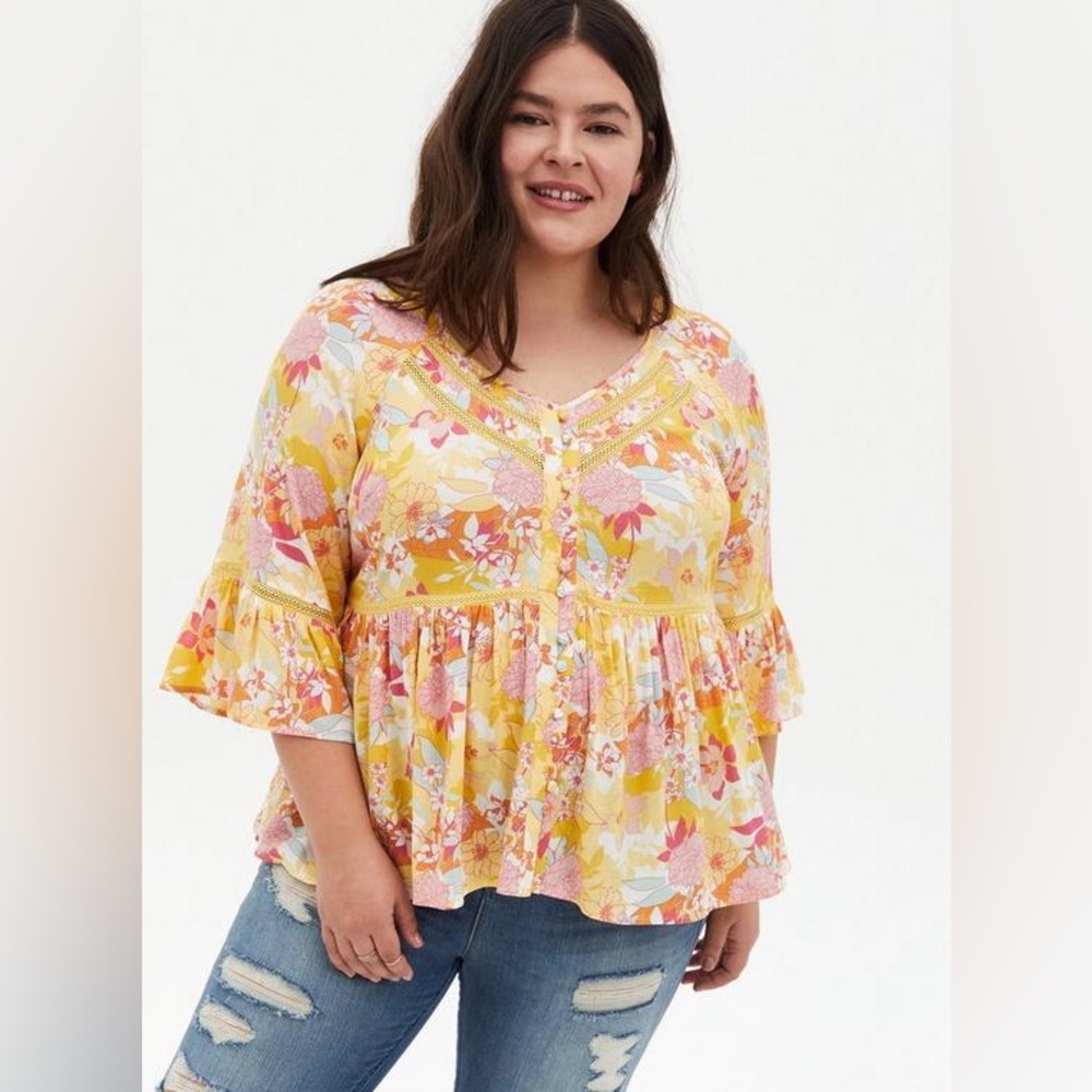 SOLD SOLD SOLD Torrid - Rayon Embroidered Bell Sleeve Top - Picture 1 of 4